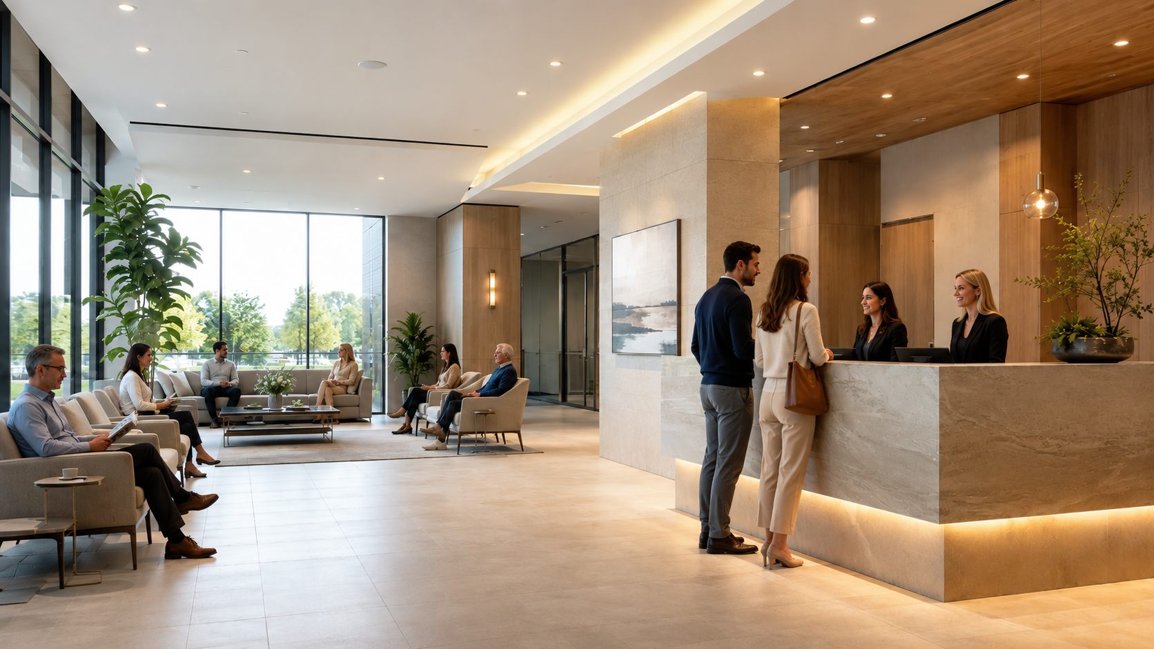 A busy practice reception: staff greeting patients at the front desk while others wait in the lounge